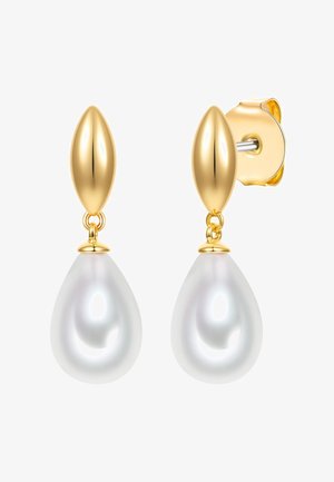Pendientes de oro con parte superior ovalada lisa y una perla blanca grande en forma de lágrima colgando debajo de cada pendiente.