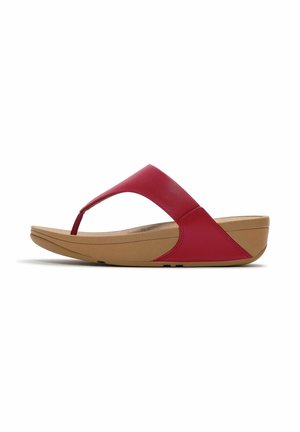 Red leather thong sandal with tan cushioned sole and moderate wedge heel, shown in side profile on white background.
