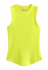 Bright neon yellow tank top made from ribbed fabric. Features a crew neckline and wide armholes, with a straight hem at the bottom.