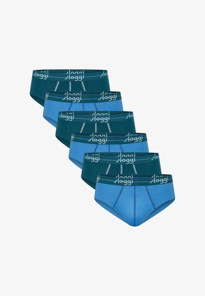 Zeven paren herenslipundergoed in tinten van teal en blauw, met logo-elastische taillebanden en een snug fit ontwerp.