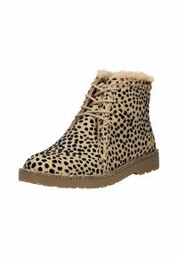 Béžové kotníkové boty s černým skvrnitým vzorem, se zavazováním na šnůrky, měkkou kožíškovou podšívkou a texturovanou gumovou podrážkou.