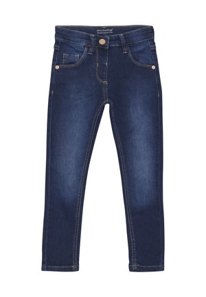 Jeans in denim blu scuro con un design aderente, caratterizzati da cuciture dorate, chiusura con bottone e tasche laterali, adatti per un abbigliamento casual.
