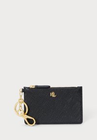 Black textured wallet with a gold logo, zip closure, and a chain with a clasp. Features a rectangular shape and subtle pattern.