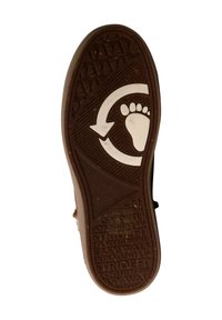 Semelle de chaussure en caoutchouc marron avec une surface texturée, présentant un design de flèche circulaire et un symbole d'empreinte. Le texte inclut "EASY WALK" et "CAOUTCHOUC RECYCLÉ."