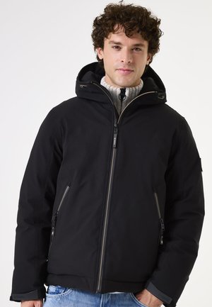 Schwarze Kapuzenjacke mit durchgehendem Reißverschluss, seitlichen Reißverschlusstaschen und elastischen Bündchen; hergestellt aus einem langlebigen, glatten Material mit lockerer Passform.