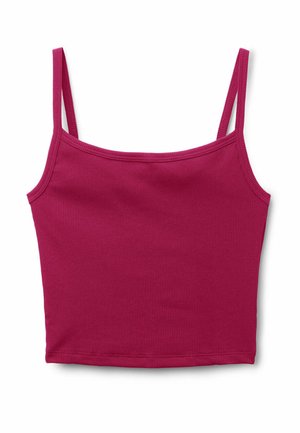 Top corto sin mangas de canalé en rosa oscuro con tirantes finos y escote recto.