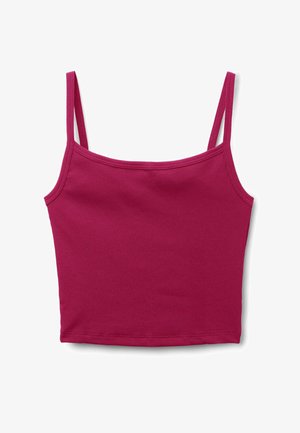 Ärmelloses, kurz geschnittenes Rippstrick-Top in Dunkelrosa mit dünnen Trägern und einem geraden Ausschnitt.