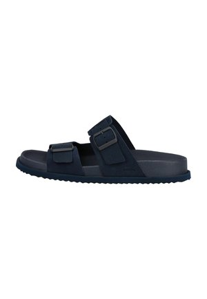 Granatowy klapek na spodzie z lekko fakturowaną podeszwą dla lepszej przyczepności, posiadający dwa regulowane paski z klamrami, zaprojektowany do noszenia na co dzień.