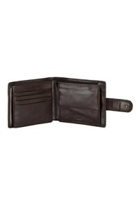 Portafoglio in pelle marrone, aperto, con più scomparti per carte, un comparto per contanti, texture liscia e chiusura a scatto su un cinturino.