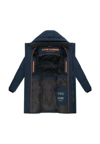 Navy blue puffer coat with a zip-up front, padded design, orange accents, and multiple interior pockets. Features a logo on the neckline.