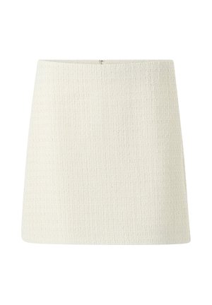 Cream-colored textured mini skirt with a straight cut and a concealed zipper at the back.