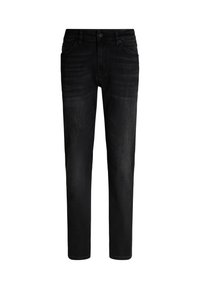 Jeans in denim nero con un design classico a gamba dritta, caratterizzati da una chiusura a bottone, stile a cinque tasche e una finitura leggermente sbiadita.