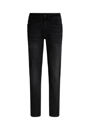 Jeans in denim nero con un design classico a gamba dritta, caratterizzati da una chiusura a bottone, stile a cinque tasche e una finitura leggermente sbiadita.