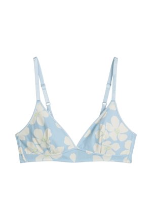 Soutien-gorge bleu clair à motif floral blanc avec bretelles réglables, présentant un design de bonnet triangle doux.