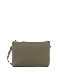 Borsa a tracolla verde oliva realizzata in tessuto resistente, con chiusura a zip superiore e un manico staccabile. Forma rettangolare con design minimalista.