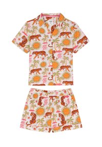 Short-sleeve button-up shirt and shorts set with colorful tiger, sun, palm tree, and "fiesta" text pattern on white background.