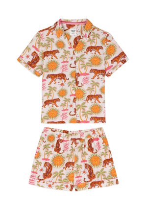 Kortærmet knap-op skjorte og shorts sæt med farverigt tiger-, sol-, palme- og "fiesta" tekstmønster på hvid baggrund.