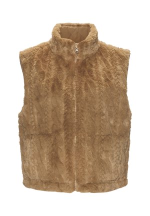 Sleeveless tan faux fur vest with high collar and front zipper closure, soft textured fabric, and quilted inner lining.