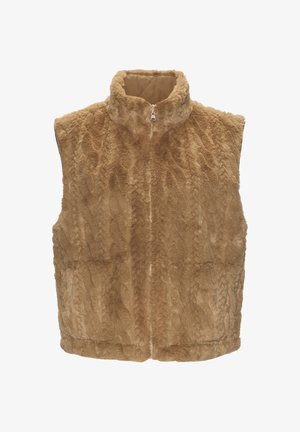 Sleeveless tan faux fur vest with high collar and front zipper closure, soft textured fabric, and quilted inner lining.