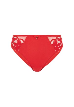 Culotte bikini rouge avec un devant uni, des panneaux latéraux en dentelle transparente à motifs floraux, et un petit nœud décoratif à la taille.