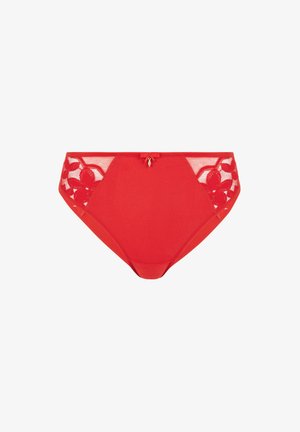 Rote Bikini-Unterwäsche mit durchgehendem Vorderteil, transparenten Spitzenseiten mit floralen Mustern und einer kleinen dekorativen Schleife an der Taille.