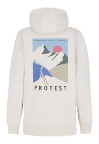 Svijetlo bež hoodie s grafikom šarenih planina i suncem, s tekstom "SNOW COMMUNITY" iznad i "PROTEST" ispod. Mekana tkanina, opušteni kroj.