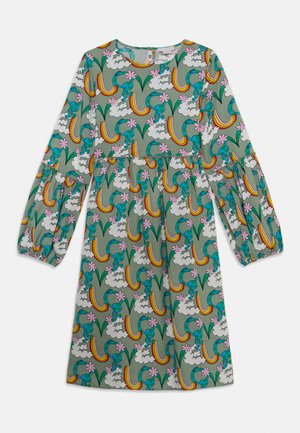 Printed dress featuring green fabric with rainbow, cloud, and floral patterns. Round neck, long puff sleeves, and a gathered waist.
