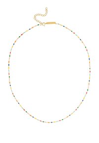 Guldtonad halsband med flerfärgade pärlor i olika former. Inkluderar en kedjeförlängare för justerbar längd.