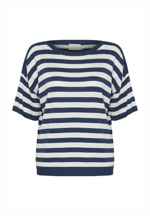 Gestreifter Kurzarm-Pullover in Weiß und Marineblau, mit weitem Ausschnitt und lockerer Passform. Das Material wirkt weich mit einem leichten Schimmer.