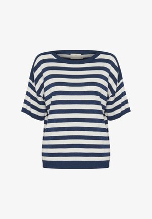 Striped short-sleeve sweater in white and navy blue, featuring a wide neckline and a relaxed fit. Material appears soft with a slight sheen.