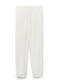 Witte gebreide loungebroek met een elastische tailleband met trekkoord, twee zijzakken en ribgebreide boorden bij de enkels.
