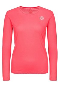 Långärmad träningsskjorta i stark rosa, tillverkad av andningsbart meshmaterial. Har en rund hals och en diskret logotyp på bröstet.