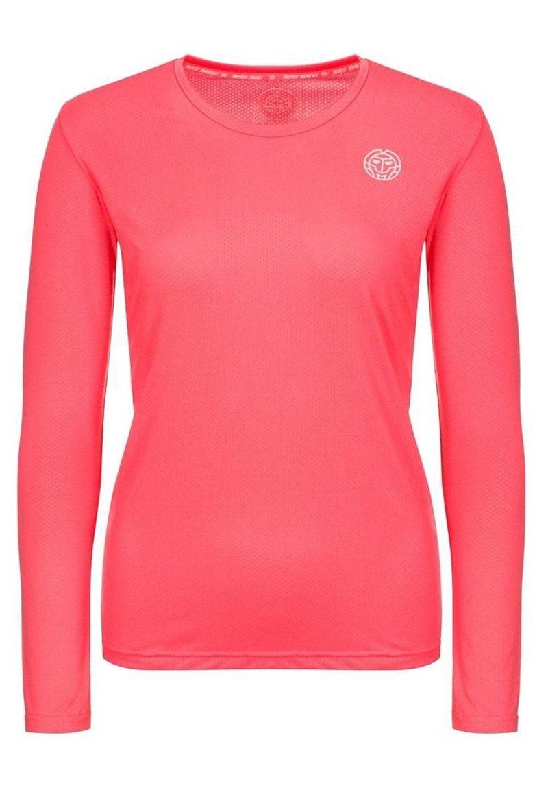 Långärmad träningsskjorta i stark rosa, tillverkad av andningsbart meshmaterial. Har en rund hals och en diskret logotyp på bröstet.
