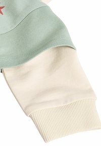 Baumwollkapuzenpulloverärmel in Mintgrün und Creme. Mit geripptem Bündchen und glatter Textur, sowie einem nahtlosen Übergang zwischen den Farbblöcken.