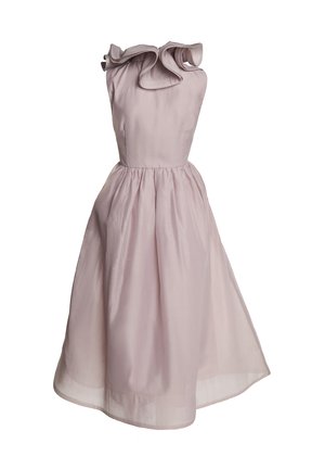 Pink sleeveless dress with a ruffled neckline, gathered waist, and flowing skirt. Made of lightweight fabric with a soft texture.