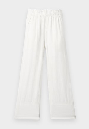 White, lightweight pants with a wide-leg design and elastic waistband. Smooth fabric, no visible patterns. Hemmed at the ankle.
