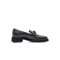 Black leather loafer with chunky tread sole and decorative knot detail on top, shown from the side on a white background.