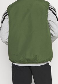 Gilet imbottito verde con una texture liscia, dotato di orlo elastico. Indossato sopra una maglietta grigia a maniche lunghe con accenti a strisce nere sulle maniche.