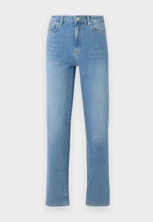 Lyseblå denimjeans med rett snitt, fem lommer og en falmet finish. Har metallknapp og glidelås i livet.