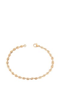 Bracciale in oro con maglie ovali, ciascuna contenente una piccola perla d'oro, con chiusura a moschettone su uno sfondo bianco.