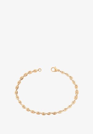 Bracciale in oro con maglie ovali, ciascuna contenente una piccola perla d'oro, con chiusura a moschettone su uno sfondo bianco.