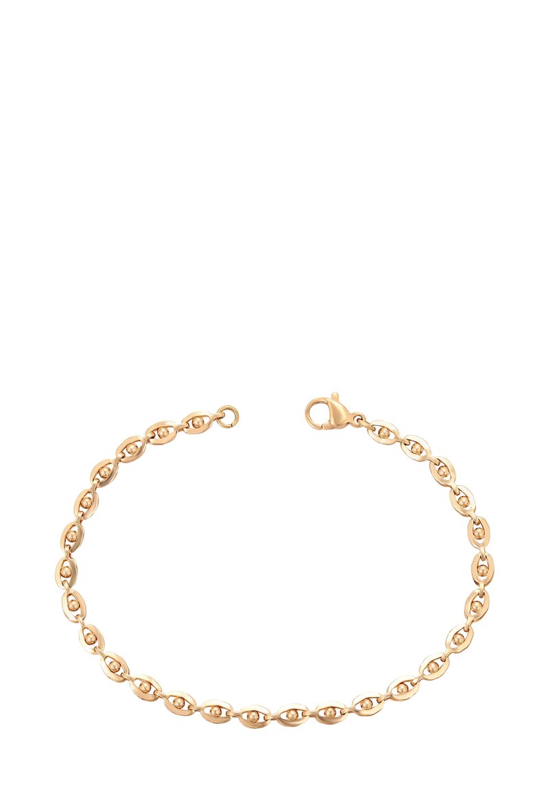 Bracciale in oro con maglie ovali, ciascuna contenente una piccola perla d'oro, con chiusura a moschettone su uno sfondo bianco.