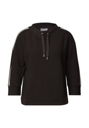 Overmaat zwart sweatshirt met een ronde halslijn, driekwart mouwen, een trekkoordcapuchon en lichtgrijze zijaccenten. Zachte, gestructureerde stof.