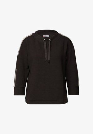 Sudadera negra de gran tamaño con cuello redondo, mangas tres cuartos, capucha con cordón y acentos laterales en gris claro. Tela suave y texturizada.