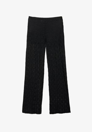 Schwarze weite Hosen aus strukturiertem Spitze-Material, mit einem hohen Taillenbund und einer lockeren, fließenden Passform.