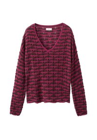 Pulover cu mânecă lungă și decolteu în V, de culoare mov închis, cu un model texturat cu dungi roz și mici găuri pe toată suprafața, având o croială lejeră.