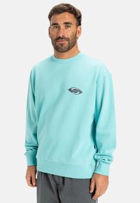 Light blue sweatshirt made of cotton, with long sleeves and a round neckline. Features a small, multicolored logo on the chest.