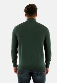Maglione verde a maglia con colletto alto, maniche lunghe e orlo a costine, abbinato a jeans blu. Texture liscia, design aderente.