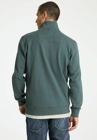 Felpa verde foresta con colletto alto, polsini a costine e pannello posteriore testurizzato. Vestibilità casual, realizzata in materiale morbido, con una superficie liscia.