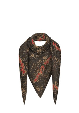 Sciarpa di seta con uno sfondo scuro, caratterizzata da motivi circolari in beige e rosso. Il design include del testo e varia nella consistenza.